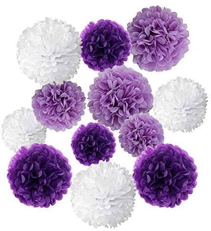 Pom Poms di Carta Velina Decorativo Palla Fiore, Wartoon 12 Pezzi palle di carta appendere per il Compleanno Decorazione Della Festa Nuziale, (Viola, Viola Chiaro e Bianco)