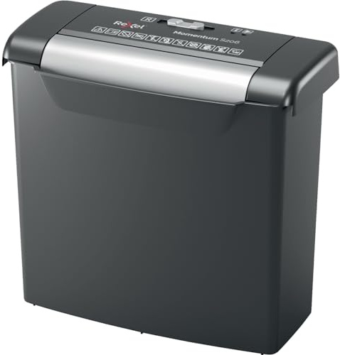 Rexel Dokumentförstörare Momentum S206, säkerhetsnivå P2, Strimlar 7-6 (70-80 g/m2) Pappersark Åt Gången, 9 l avfallsbehållare, svart, 2104568EU