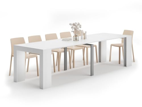 Mobili Fiver, Tavolo Consolle Allungabile Angelica, 45(305) x90 cm, Bianco Frassino, fino a 12 posti, Consolle da Soggiorno, Made in Italy