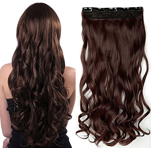 SEGO 43cm Haarteil Clip in Extensions 1 Tresse 5 Clips Haarverlängerung Human Hair wie Echthaar Gewellt Dunkles Goldbraun 17(43cm)-120g