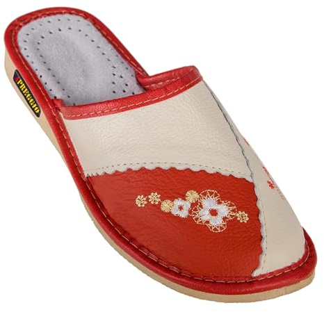 APREGGIO Pantoufles Femme Cuir – Chaussons Pratiques et Confortables – Fait Main – Rouge – Taille 39