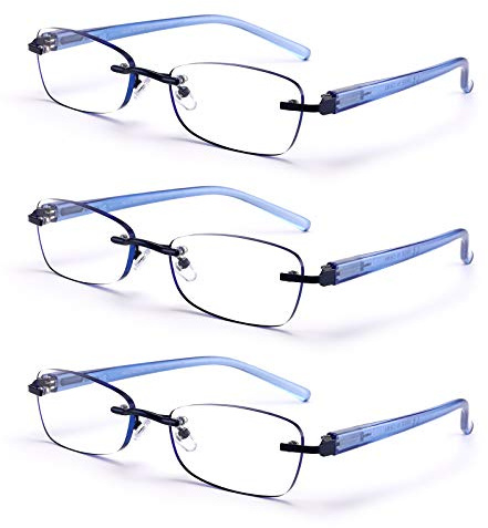 FEIVSN 3-Pack Rimless Reading Glasses For Women, Lightweight Spring Hinge Readers, Classic Elegant Artistic Eyeglasses UV 400 (Blue 1.5 Etc)