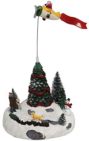 Aurora Store Villaggio di Natale innevato con Movimento Babbo Natale sul Aereo, Paesaggio con Albero di Natale e Soggetti con Luci e Musica Carillon con luci Musicale 18x16x h. 22 cm