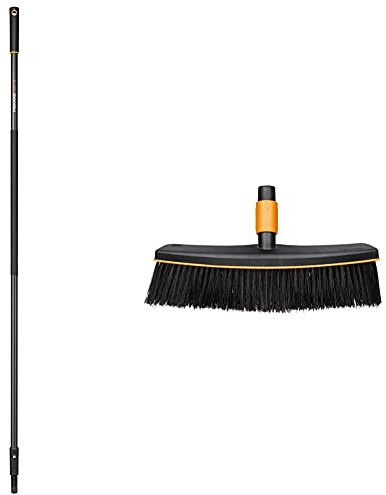 Fiskars Lang-Stiel für QuikFit Werkzeug-Köpfe, Länge: 156 cm Straßenbesen, Besenkopf, Breite: 38 cm, Kunststoff-Borsten
