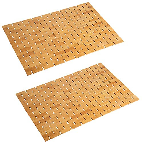 Fovlaurs Bambus-Badematte, Badezimmerteppich, Boden, Holz, Dusche, Badewanne, wasserfest, rutschfest, naturfarben, Zubehör, 40,6 x 61 cm, leicht zu reinigen, 2 Stück