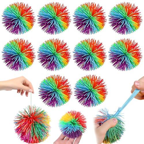 Zliger Stringy Balls, 10 Stück 10cm Sensory Fidget Stringy Balls Bouncy Stress Weiche Regenbogen Pom Regenbogen Bunt Pom Ball für Stressabbau und Anti-Angst