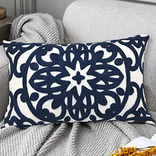 Alysheer Embroidered Lumbar Decorative Throw Pillow Cover 12x 20, Classic Boho Mandala Embroidery Pattern Cotton Rectangular Cushion Case for Sofa Couch Living Room Bedroom(Navy Blue)