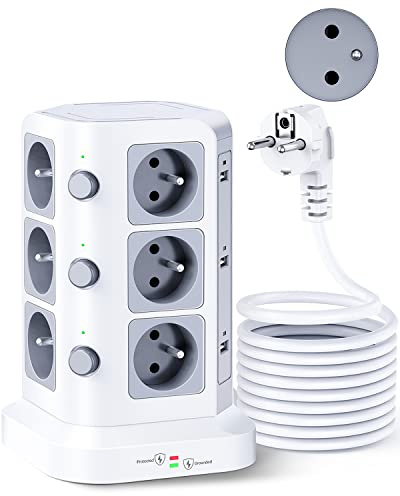 KOOSLA Tour Multiprise Type E, 12 Prises, 6 USB, 5M, Blanc | 12 Prises Type E, 6 USB, 4000W/16A, Parafoudre, Câble 5M, Bureau, Maison