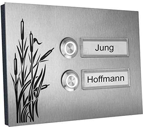 Jung-Edelstahl-Design Zweifamilienhaus Türklingel Turin Motiv Gräser 17x12 cm - V2A Edelstahl - Austauschbare Namensschilder - Aufputz- oder Unterputzvariante wählbar (2-Fach)