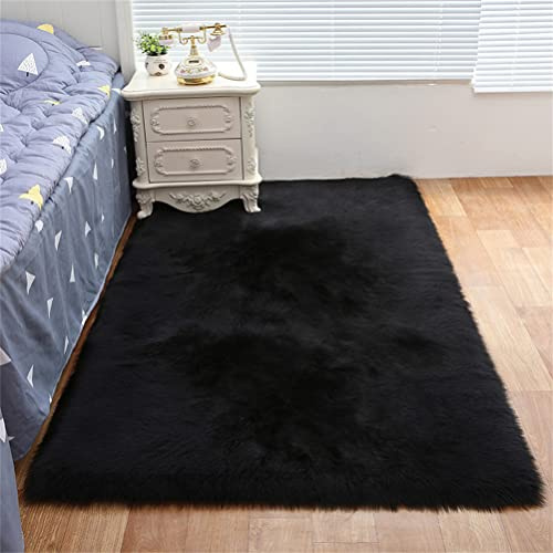 Tomifine Faux Lammfell Schaffell Teppich Super Weich Kunstfell Teppiche Dicker Flauschig Teppich Bettvorleger Sofa Matte (80x120 cm,Schwarz)