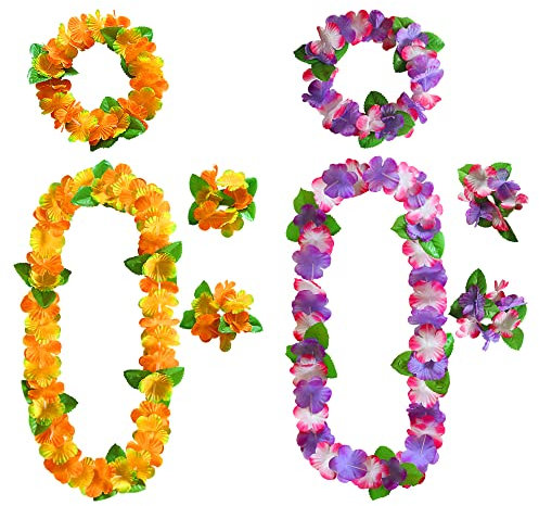 KEYIDO Hawaiianische Leis Set, Gelb Grün Lila Rosa Hawaii Blume Halskette Stirnbänder und Armbänder, Blumengirlanden mit grünen Blättern, Hawaiianische Tropische Strand Verkleidung Party Dekorationen