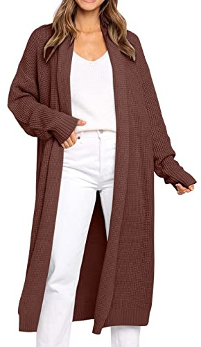 Woaikeyu Womens Long Cardigans Sweaters Fall Oversized Slouchy Knit Chunky Open Front Sweater Coat with Pockets Womens Hooded Duster Cardigan (Coffee, L)