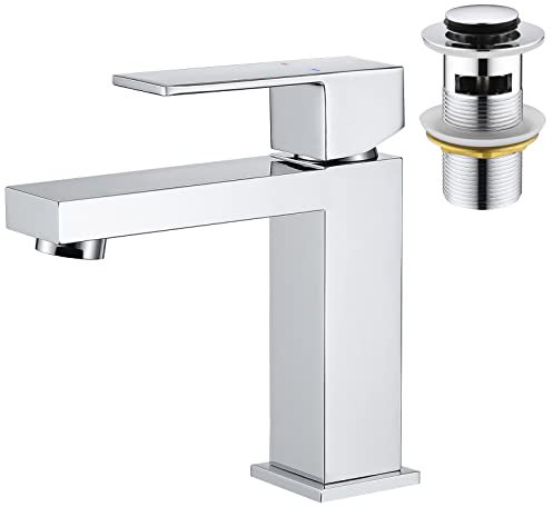 Faustina Waschtischarmatur Bad für Waschbecken eckig Gerade, Einhebelmischer Waschtisch Armatur Wasserhahn Bad Waschbeckenarmatur Badarmatur, Edelstahl Poliert verchromt