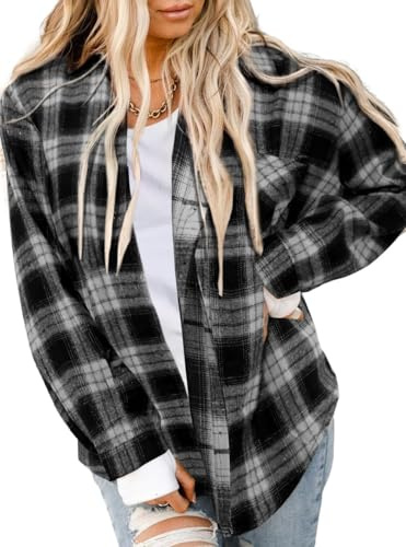 Asiertiy Women Flannel Buffalo Plaid Button Down Shirt Jacket Lightweight Casual Loose Blouses Fall Clothes Fashion Outfits