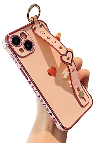 DEFBSC for iPhone 14 Case with Wrist Strap, Plating Heart, Pink | Cute Side Love Pattern Phone Case with Wristband Finger Holder Stand Soft TPU Bumper Shockproof Protective Cover