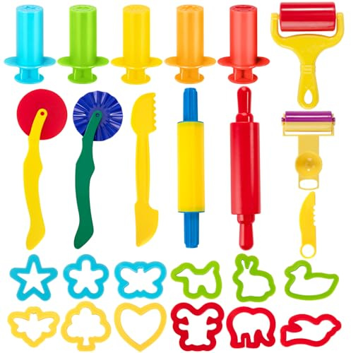 MoonSing Knete Zubehör, 25 Stück Knetwerkzeug Teig Plastilin Werkzeuge für Kinder, DIY Knetmasse, Extruder, Ausstechformen Küchenspielzeug, Lernspielzeug Spielzeug Geschenk für Jungen und Mädchen