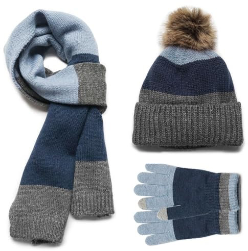MAGIMODAC Jungen Mädchen Winter Mütze Schal Handschuhe gefütterte Strickmütze Beanie Winterschal Wintermütze 3 teiliges Set Hellblau Grau