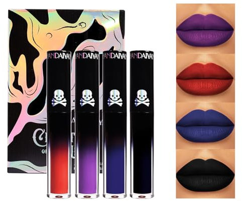 Bekoeen 4PCS Dark Blue Black Purple Matte Liquid Lipstick Set,24 Hour Long Lasting Red Lipgloss,Waterproof Smudge Proof Matte Lip Glaze,Gothic Festive Lip Gloss