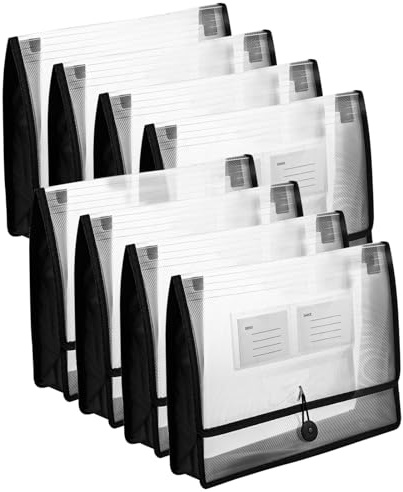 AHAQU A4 Kunststoffhüllen A4, erweiterbar, mit elastischer Kordel und Knopfverschluss, wasserdicht, Dokumentenmappe mit Etikettentasche für Zuhause, Büro, Schule, Schwarz, 8 Stück