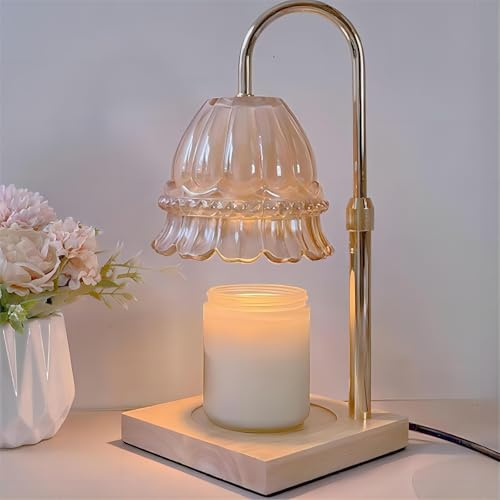WARMCITY Glass Flower Wax Warmer Timer/Dimmer Adjustable | Glass flower candle warmer with wooden base & adjustable height. Timer, dimmer. Melts wax evenly. Great gift. UK plug.