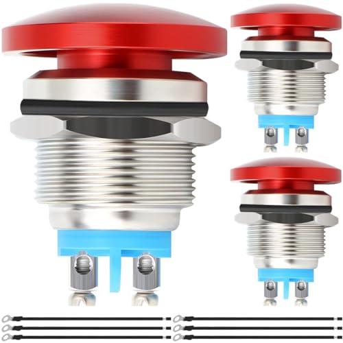MKBKLLJY 3St. 16mm rote Metallschale Pilzkopf Drucktaster Schalter Momentan Drucktaster Schalter IP65 Wasserdicht 12V 24V 36V DC 110V 250V AC 5A SPST 1NO mit Schraubklemmen Drähte für Auto Boot