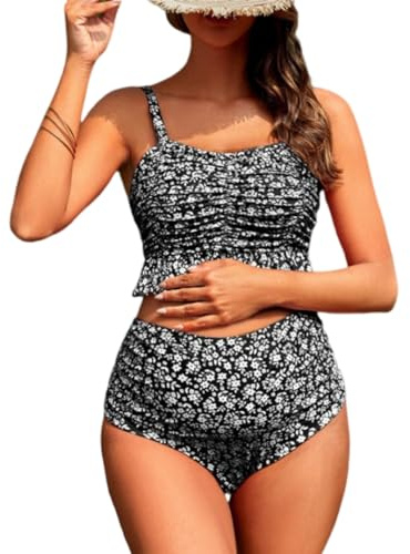 KINLYBO Bikini de maternidad de cintura alta, 2 piezas, estampado vitality, traje de baño de bikini doblado, Negro, L