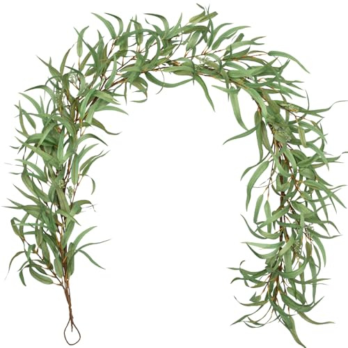 Arborus Künstlicher Eukalyptus Girlande 180 cm Künstliche Girlande Pflanze | Hängende Kunstpflanze Künstliche Ranken Eukalyptus Deko für Treppengeländer Tisch Regal Tür Home Hochzeit Hintergrund