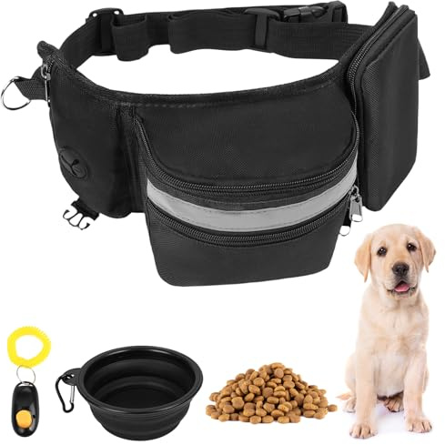 Bolsa de golosinas 3 en 1 para perros, cuenco plegable, clicker y riñonera ajustable