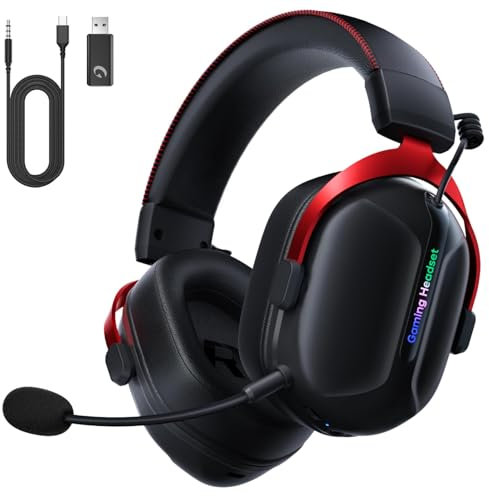 Gonbouyoku Wireless Gaming Headset, 2.4GHz USB Gaming Headphones for PS5, PS4, PC, Fortnite, Switch, Mac with Bluetooth 5.3, 60H Battery, ENC Noise Canceling Microphone, Gamer Headphones, Red