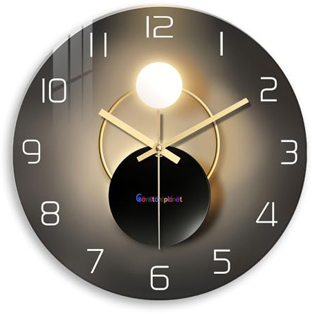 Constantplanet 14 Inch Black and Gold Glass Silent Wall Clocks | Modern Analog Decorative Battery Operated Wall Clock for Living Room Bedroom Office Bathroom Kitchen Silent Non-Ticking