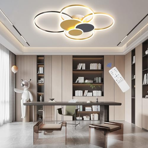 Lxysy Dimmbare LED-Deckenleuchte, Wohnzimmerleuchte schwarz gold, Deckenleuchte Schlafzimmer-Wohnzimmerleuchte LED, Wohnzimmer schwarz & weiß, Schlafzimmerleuchte (Gold + Schwarz, L80*W60*H13CM)