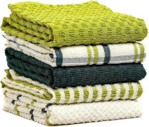 BLOOM BLENDS 5-Pack Terry Cotton Kitchen Tea Towels | Super Absorbent, Quick-Drying, and Soft Dishcloths for Everyday Use | Durable & Machine Washable Towel Set (Sage Green)