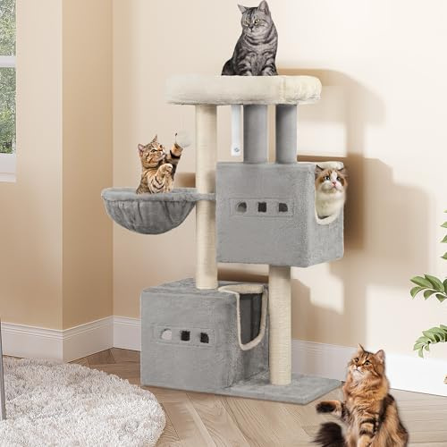 Hzuaneri Cat Tree, 98 cm Tower, Sisal Scratching Post, Light Grey | Cats Tower for Indoor, Multi-Level Stable Cat Tree with Cats House, 2 Caves, Pompoms, MS10018LGV1