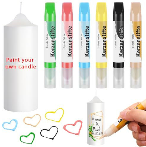 Gulfmew Kerzen Selber Bemalen Set 6 Kerzenstifte 1 Stumpenkerzen zum Verzieren Kerzen zum Selber Gestalten für Taufe Hochzeit Kommunion Weihnachten Geburtstag Personalisiert Weihnachtskerzen Bastelset