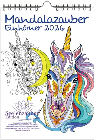 DIY Mandalazauber enhörningar färgkalender DIN A5-kalender för 2026 mandala teckning målning – set: 1 x kalender, 1 x julhänge (2 delar)
