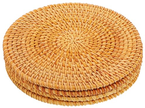 UKCOCO Manteles Individuales Redondos de Ratán para Ollas Calientes, Resistentes al Calor, 4 Piezas, Diseño Bohemio Natural para Decoración y Uso Versátil en Cocina