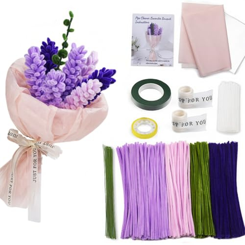 Cecanndila Pfeifenreiniger-Bastelset für einen lila Lavendelstrauß, 400 St. | Pfeifenreiniger-Blumen-Set für einen lila DIY-Lavendelstrauß, mit Anleitung, Video und Zubehör zum Gestalten und Verpacken.