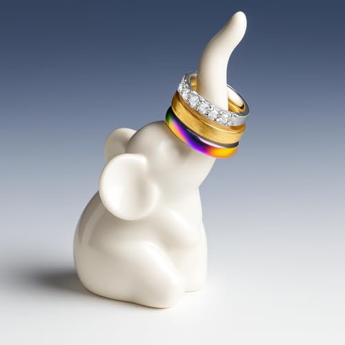 Portaanelli a forma di elefante, in ceramica, colore bianco, per anelli, orecchini, bracciali, portagioie smaltato, per camera da letto, bagno, toletta, idea regalo per donne, ragazze, fidanzamenti