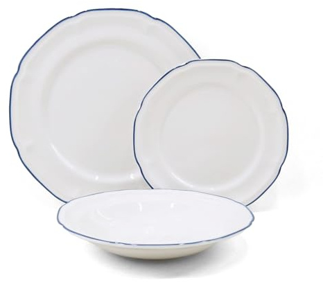 Brigros - Servizio Piatti 18 Pezzi in Ceramica Bianca con Bordo Dipinto a Mano, Set Piatti 6 Persone in Porcellana Elegante e Moderna, Modello Grace (Blu)