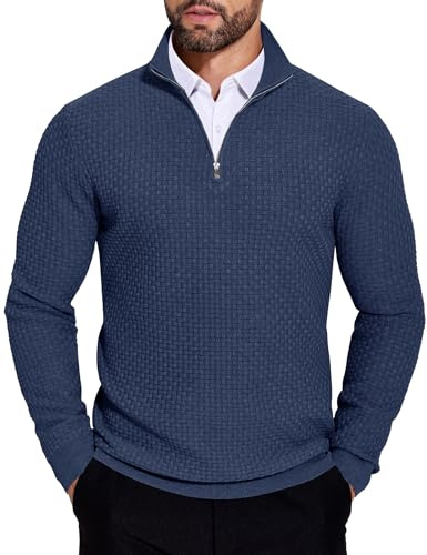 COOFANDY Men's Jumpers Polo Neck Quarter Zip Jumper Slim Fit Thick Warm Winter Sweaters Lightweight Knitted Long Sleeve Pullovers Navy Blue L