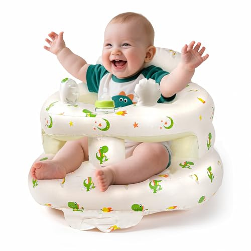 Asiento inflable para bebés de 3 a 36 meses, silla de piso Sit Me Up con bomba de aire integrada, orejas de dinosaurio chirriantes y diseño de soporte completo, silla infantil para sentarse