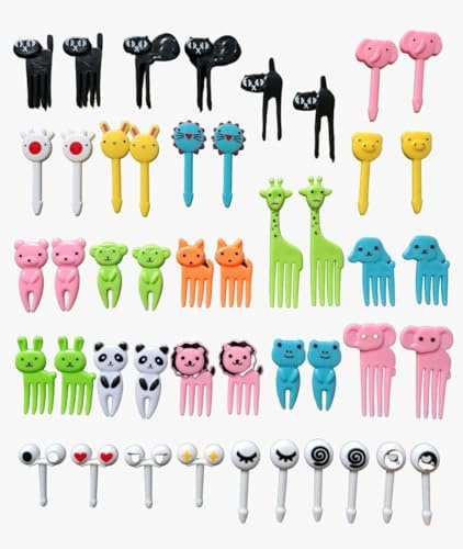 46PCS Plastic Animal Fruit Forks, Cute Cartoon Food Toothpicks for Kids Lunch Box, Mini Reusable Snack Picks for Bento, Dessert, Party Food and Decorations, Fun Food Accessories for Children