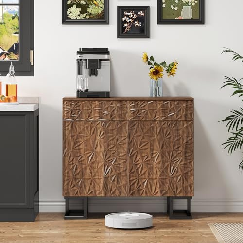 REXO Aparador 80 × 40 × 78 cm – Serie Hojas Poesía – Aspecto de nogal oscuro con relieve de hojas – Patas de metal, 2 cajones y 2 puertas – Aparador sin mango para salón y comedor