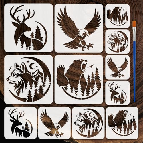 FINGERINSPIRE 12 Stück Tierschablonen Mit Kunststoffpinsel 30cm /20cm /15cm Hirsch Adler Bär Wolf Zeichenschablone Waldtiere Themenvorlage Zum Zeichnen DIY Möbel Wand Boden Stoffdekoration