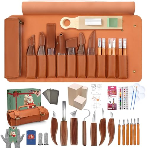 COZYGIFT Wood Carving Kit, 39‑Piece Wood Carving Tools Set with 7 Whittling Knives, 6 Detail Gouges, 3 Basswood Blocks, 12 Acrylic Paints & Leather Roll – Beginner & Adult DIY Gift Set