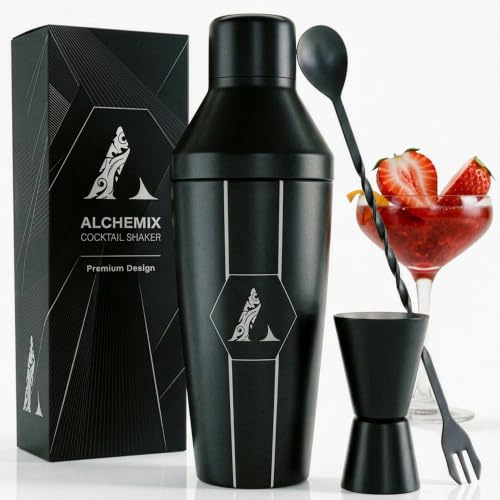Alchemix Cocktail Shaker Set, Large 750ML 5 Piece Stainless Steel Cocktail Making Kit With Strainer, Jigger and Mixing Spoon, Cocktail Set With Bar Accessories Gift Set