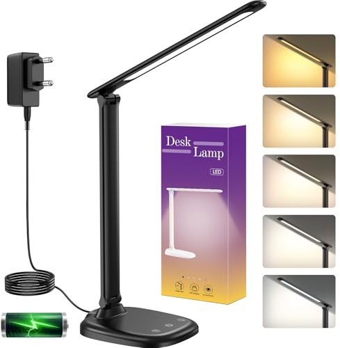 Lámpara de Escritorio, 5 Modos de Lampara Escritorio LED, Batería 4000mAh con Puerto de Carga USB, Control Táctil, Temporizador y Memoria, Flexo LED Escritorio para Cama, Oficina, Leer y Estudiar