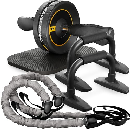 TREX SPORT Bauchroller Set 4in1 AB Roller Anti-Rutsch, Expander 7–10 kg | TX-010WS Ergonomische Push-Up Griffe, Kniematte, Kompakt | Blau / Gelb