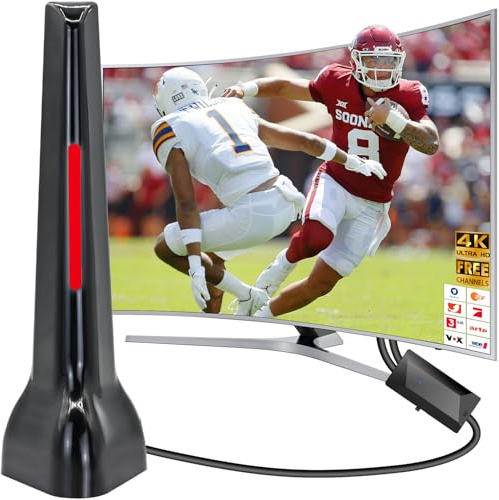 DVBT2 Antenne, DVBT2 Antenne mit Verstärker Innen, DVBT Antenne, Zimmerantenne für Fernseher, 360° Allroundempfang bis 500 km, 4K HD lokaler Sender, Magnetfuß 3m Kabel (Rot)