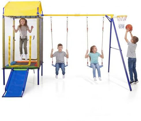 COSTWAY 5-in-1 Kids Swing Set, Heavy-duty Metal Swing Stand with Trampoline, Roof, 2 Belt Swings, Slide, Ladder & Basketball Hoop, Outdoor Indoor Playground Toys for Children Aged 8+ Years Old